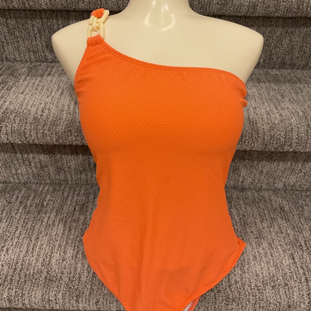 Shoshanna Textured One-Shoulder with buckle Orange One Piece